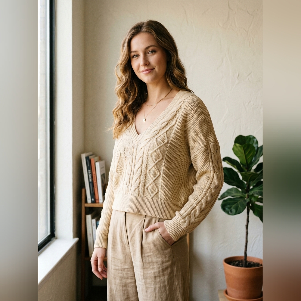CAbi V-Neck Sweater in Cream Cable Knit